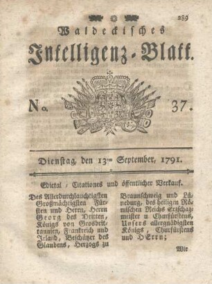 No. 37, Dienstag, den 13ten September, 1791