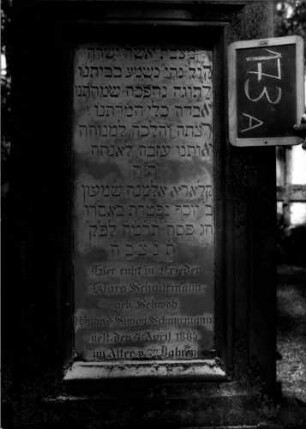 Grabstein 173 (Index: 100109721) Material: Sandstein, weiße Marmorplatte Zustand: gut Maße HxBxT: 235x76x42 cm Beschreibung: Stele, profilierter Sockel, Giebel mit Eckakroteren, Urnenaufsatz, rechteckige Schriftplatte Symbolik: Urnenaufsatz, Voluten, Blätter, Sternchen: Grabstein 173A