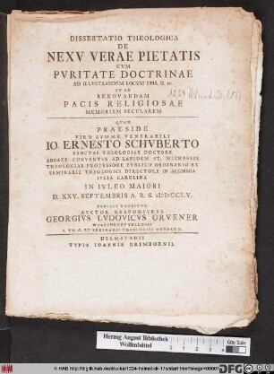 Dissertatio Theologica De Nexv Verae Pietatis Cvm Pvritate Doctrinae Ad Illvstrandvm Locvm Eph. II. 10. Et Ad Renovandam Pacis Religiosae Memoriam Secvlarem
