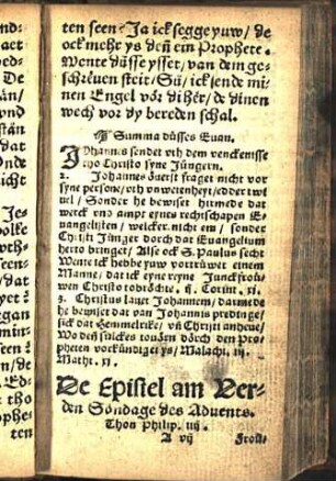 De Epistel am Verden Söndage des Aduents. Thon Philip. iiij. [Euangelion am Verden Söndage des Aduents. Johannis j.]