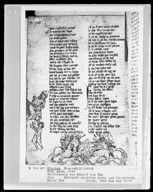 Rudolf von Ems, Weltchronik — Buchseite mit zwei Zeichnungen am Rand