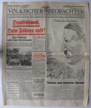 Tageszeitung "Völkischer Beobachter" zur bevorstehenden Volksabstimmung über die Übernahme des Amtes des Reichspräsidenten durch Hitler