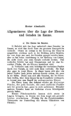 Erster Abschnitt. Allgemeineres über die Lage der Ebenen und Geraden im Raume.