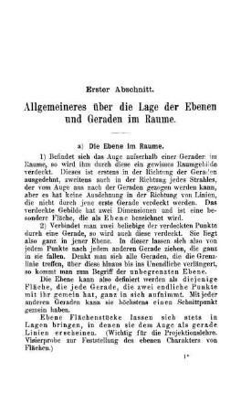 Erster Abschnitt. Allgemeineres über die Lage der Ebenen und Geraden im Raume.