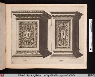 Zwei Podeste der korinthischen und kompositen Ordnung mit grotesken Ornamenten.