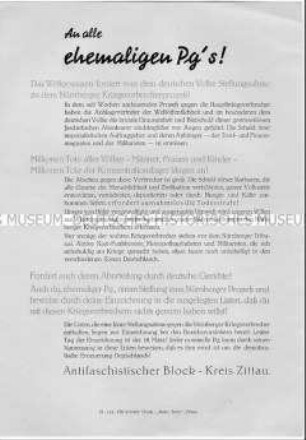 Aufruf an ehemalige NSDAP-Mitglieder zur Distanzierung von den Kriegsverbrechern im Zusammenhang mit dem Nürnberger Prozess