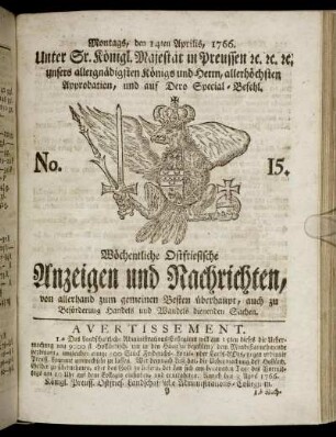 No. 15. Montags, den 14ten Aprilis, 1766.