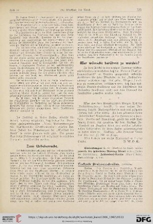 Wer wünscht berühmt zu werden? /Laufende Preisausschreiben (Fortsetzung) / Erledigte Preisausschreiben / Geplante Denkmäler / Enthüllte Denkmäler / Architektur / Staatsankäufe etc. / Aus Galerien und Museen / Aus Akademien und Kunstschulen / Personalien / Stipendien und Stiftungen / Aus Künstler- und und Kunst-Vereinen / Literatur und Kunstblätter / Werbung