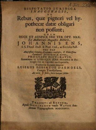 Disputatio Iuridica Inauguralis, De Rebus, quae pignori vel hypothecae datae obligari non possunt