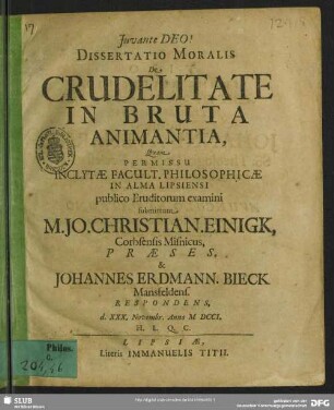 Dissertatio Moralis De Crudelitate In Bruta Animantia