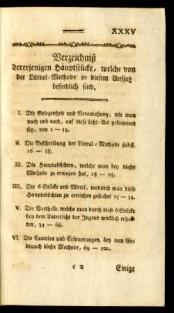Verzeichniß dererjenigen Hauptstücke, welche von der Literal-Methode in diesem Aufsatz befindlich sind