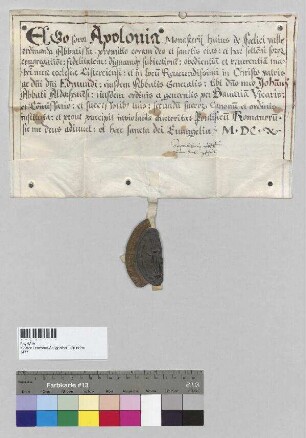 Apollonia [Reinbacher], Äbtissin von Kloster Seligenthal, leistet gegenüber Johannes [Dietmayr], Abt von Kloster Aldersbach, den Gehorsamseid (iuramentum obedientiae). S: Apollonia [Reinbacher], Äbtissin von Kloster Seligenthal