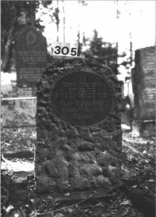 Grabstein 305 (Index: 99898502) Material: Granit Zustand: gut erhalten Maße HxBxT: 92x57x22 cm Beschreibung: grob behauene Stele mit Rundbogenabschluss, Schriftfeld oval poliert: Grabstein 305