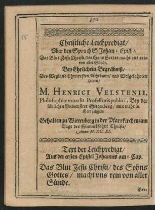 Christliche Leichpredigt/ ... Herrn M. Henrici Velstenii ...