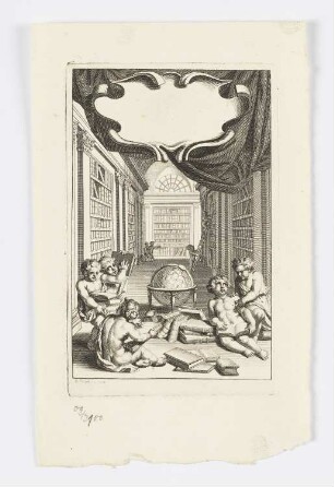 Putti in einer Bibliothek, Frontispiz aus: Henrikus Adrianus van der Marck, "Bibliotheca Marckiana", Den Haag 1712