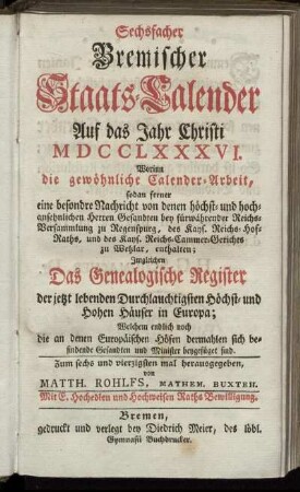1786: Bremischer sechsfacher Staats-Calender