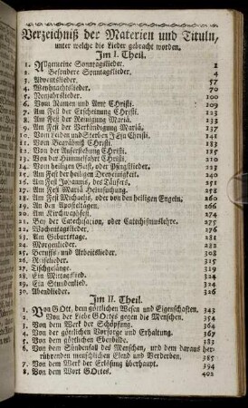 Verzeichniß der Materien und Tituln, unter welche die Lieder gebracht worden.