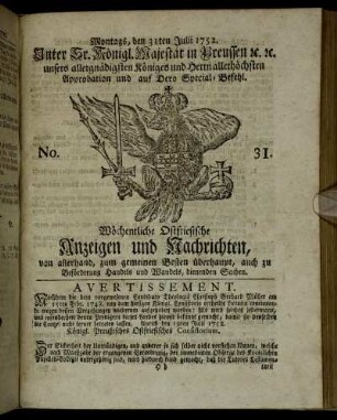 No. 31. Montags, den 31ten Julii 1752.