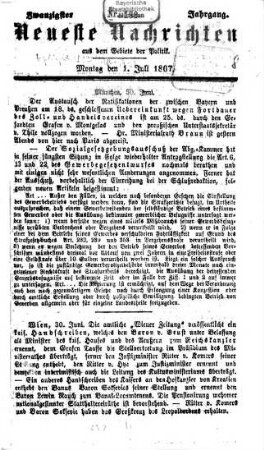 Neueste Nachrichten aus dem Gebiete der Politik. 1867 = Jg. 20, 7 - 9