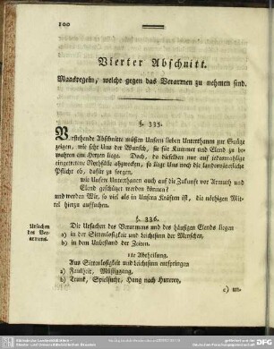 Vierter Abschnitt. Maasregeln, welche gegen das Verarmen zu nehmen sind