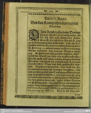 Der XIII. Artickel. Von den Kennzeichen des rechten Glaubens