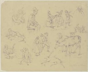 Studienblatt: Madonna und Kind, Szenen aus dem italienischen Volksleben, Hunde und Hirsche