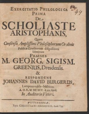 Exercitatio Philologica Prima De Scholiaste Aristophanis