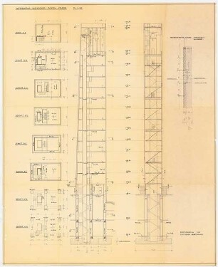 Olympia-Stadion Berlin Glockenturm. Wiederaufbau: Positionsplan zur statischen Berechnung, 8 Grundrisse, 2 Schnitte, 1:100, Detail 1:10