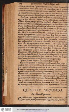 QUAESTIO SECUNDA. De Anima vegetativa.