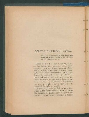 Contra el crimen legal : (Discurso pronunciado en el meeting celebrado en la plaza Lavalle el día 7 de Julio de 1912 en Buenos Aires).