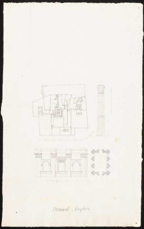 Peripteros, Mezaurah: Vorlage für Drucke Inv.Nr. 44851,1 und 44851,2: Ansicht, Grundriss des Tempels, Gesamtgrundriss der Anlage, Ansicht Säule, Profil, drei Maßstabsleisten (Nach- oder Durchzeichnung)