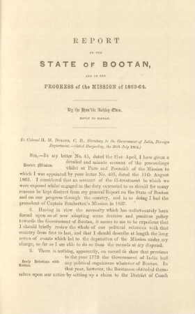Report on the state of Bootan, and on the progress of the mission of 1863-64