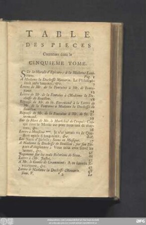 Table Des Pieces Contenues dans le Cinquieme Tome.