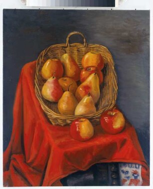 Äpfel und Birnen im Korb auf der roten Decke (II)