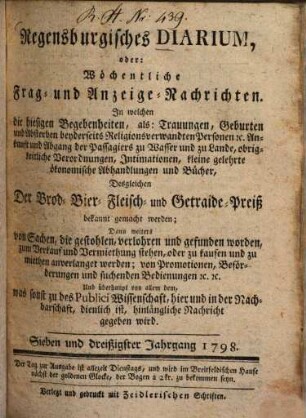 Regensburgisches Diarium oder wöchentliche Frag- und Anzeige-Nachrichten. 1798 = Jg. 37