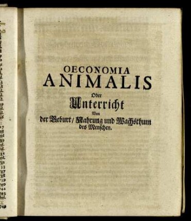 Oeconomia Animalis Oder Unterricht Von der Geburt, Nahrung und Wachsthum des Menschen