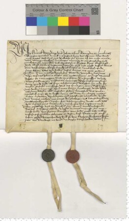 Hausrentebrief. "am orde by mester Gobelen wonhusze unde des erwerdigen heren bisschoppes van Verden hove uppe deme mere", besiegelt durch die Ratsmannen Hinr. Varendorpp und Joh. Elvere.