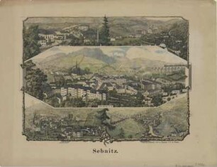 Ansicht von Sebnitz, Lithographie, um 1860 : Sebnitz. - Sebnitz : C. E. Böhme , [um 1860]. - 1 Kunstblatt : Federlithogr., kol. ; 28 x 20 cm
