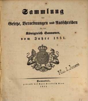 Sammlung der Gesetze, Verordnungen und Ausschreiben für das Königreich Hannover : vom Jahre .... 1851