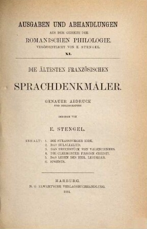 Die ältesten französischen Sprachdenkmäler : genauer Abdruck und Bibliographie
