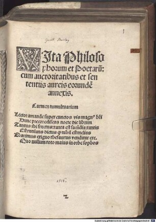 Vita philosophorum et poetarum : cum auctoritatibus et sententiis aureis eorundem annexis