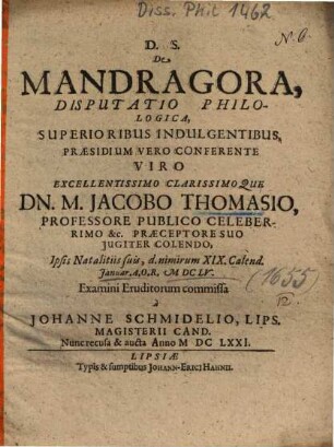 De Mandragora, Disputatio Philologica