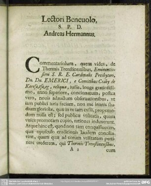 Lectori Benevolo, S. P. D. Andreas Hermannus
