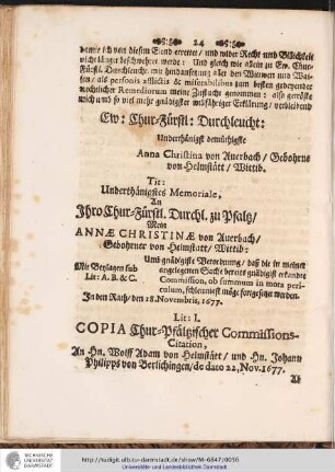 Lit: I. COPIA Chur-Pfältzischer Commissions-Citation, An hn. Wolff Adam von Helmstätt/ ...