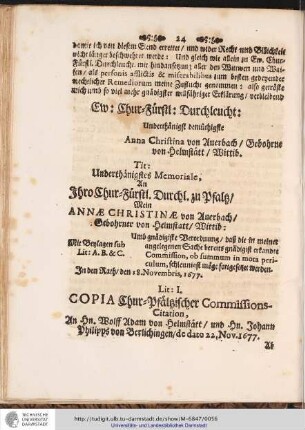 Lit: I. COPIA Chur-Pfältzischer Commissions-Citation, An hn. Wolff Adam von Helmstätt/ ...