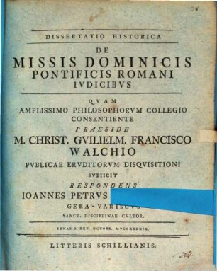 Dissertatio Historica De Missis Dominicis Pontificis Romani Ivdicibvs