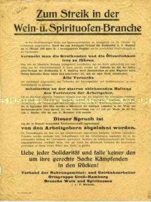 Flugblatt zum Lohnkampf in der Hamburger Spirituosenindustrie mit dem Aufruf zur Solidarität mit den Streikenden