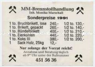Werbezettel mit Preisliste der Kohlehandlung "MM-Brennstoffhandlung"