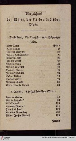 Verzeichniß der Maler, der Niederlaendischen Schule