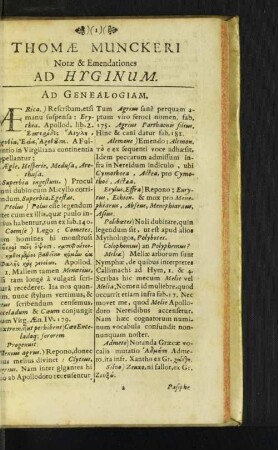 Notae & Emendationes Ad Hyginum.